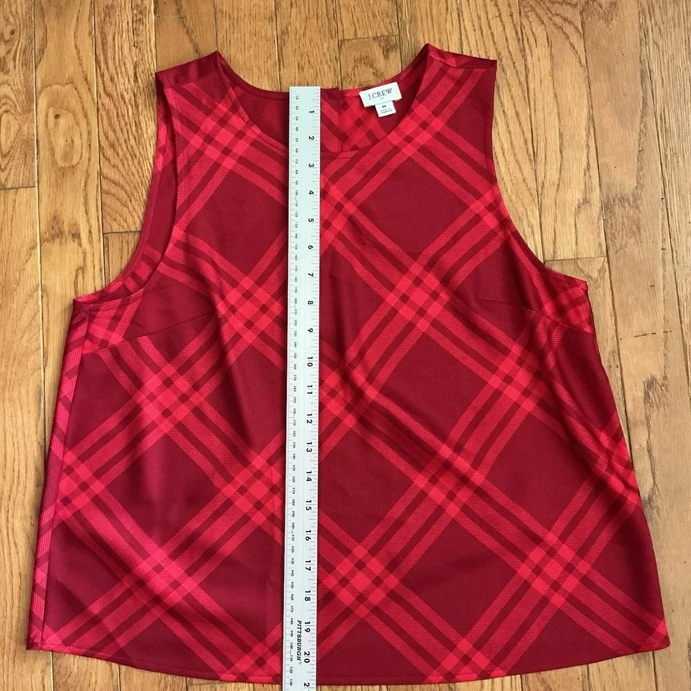 J. Crew Red Plaid Sleeveless Shell Blouse Button Back Top Size M Satin Office